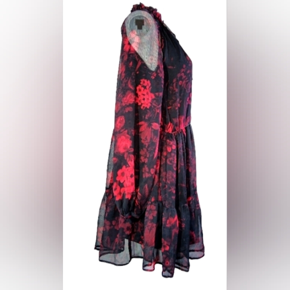 NWOT H&M Red & Black Floral Georgette / Spring Dress & Sheer Long Sleeves Size 8 - Picture 7 of 10